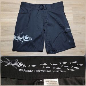 Tormenter Mens Size 38 Board Shorts Swim Trunks Black Fish Skeleton Graphic